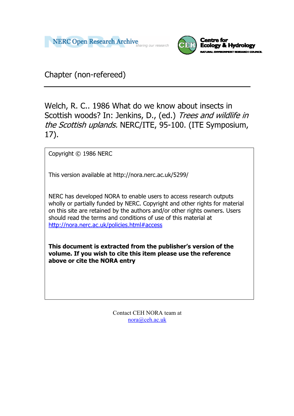 Welch, RC. 1986 What Do We Know About Insects in Scottish Woods?