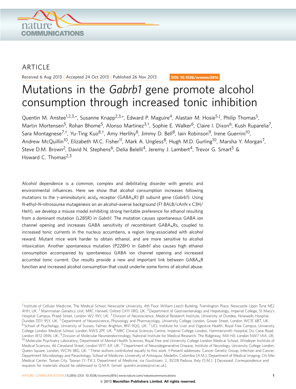 Mutations in the Gabrb1 Gene Promote Alcohol Consumption Through Increased Tonic Inhibition