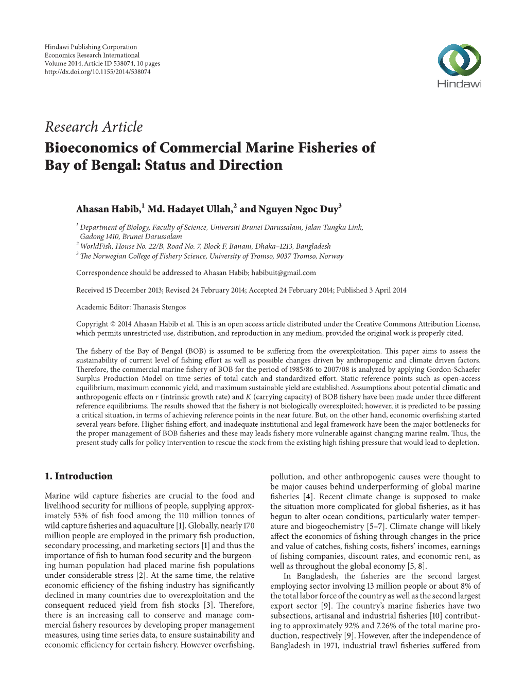 Bioeconomics of Commercial Marine Fisheries of Bay of Bengal: Status and Direction