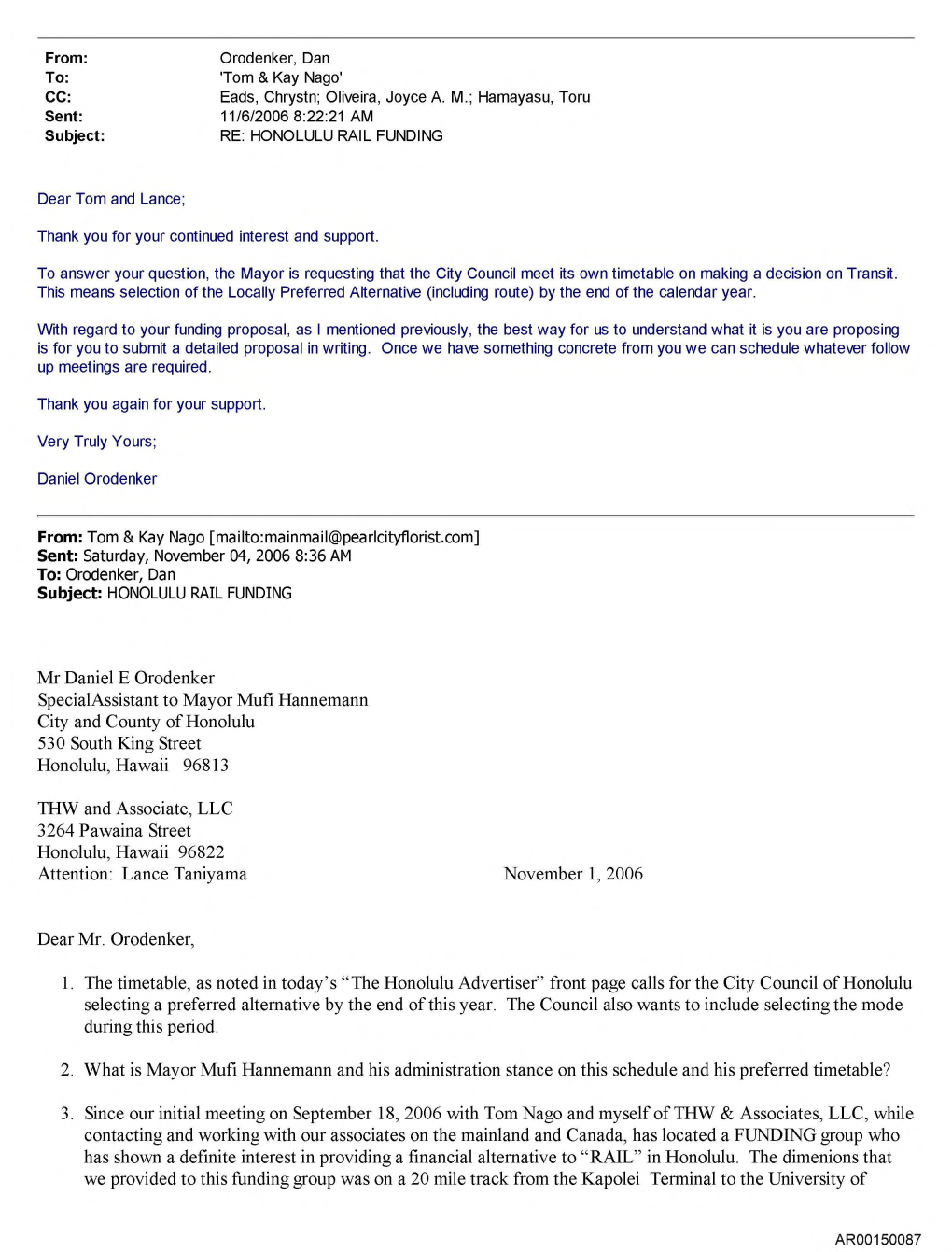 Mr Daniel E Orodenker Specialassistant to Mayor Mufi Hannemann City and County of Honolulu 530 South King Street Honolulu, Hawaii 96813