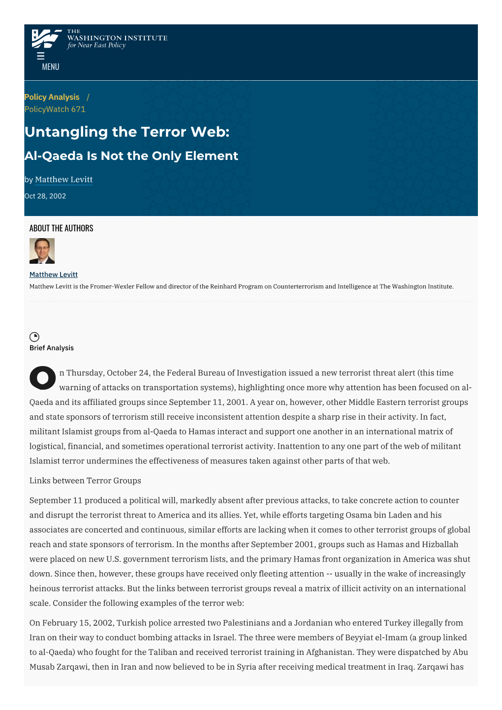 Untangling the Terror Web: Al-Qaeda Is Not the Only Element by Matthew Levitt