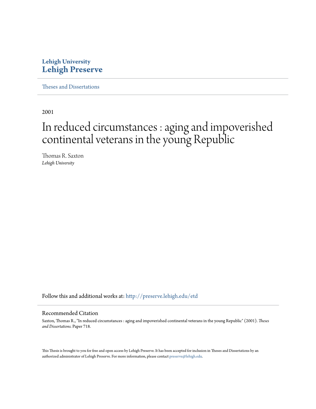 Aging and Impoverished Continental Veterans in the Young Republic Thomas R