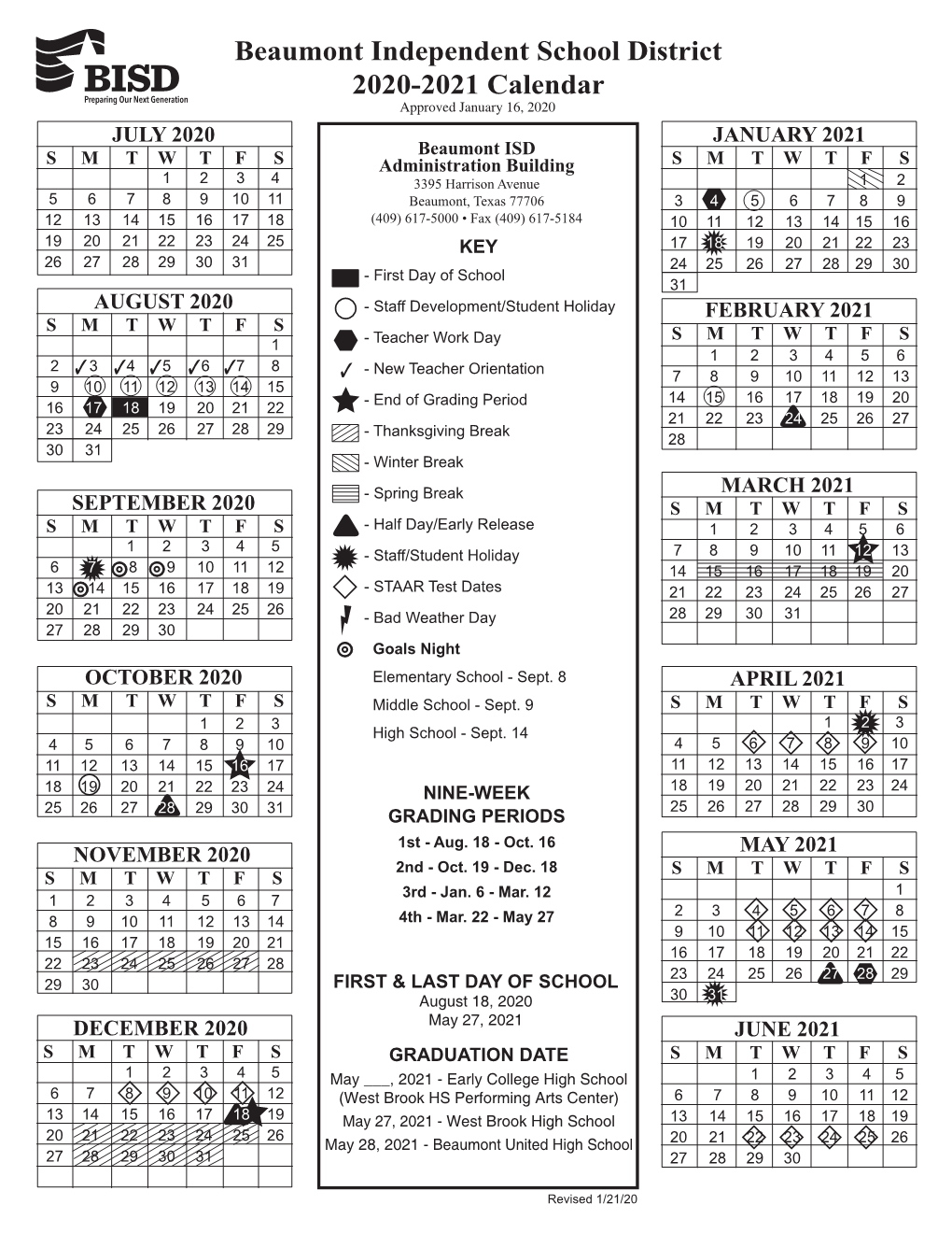 Beaumont Independent School District 2020-2021 Calendar
