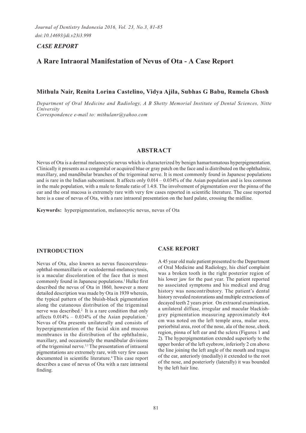 A Rare Intraoral Manifestation of Nevus of Ota - a Case Report