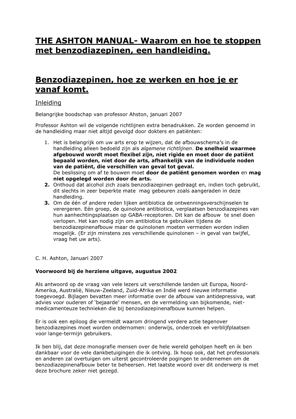 THE ASHTON MANUAL- Waarom En Hoe Te Stoppen Met Benzodiazepinen, Een Handleiding