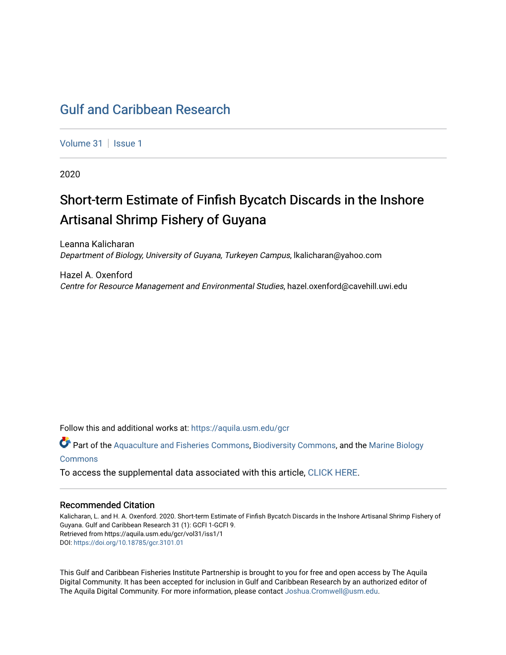 Short-Term Estimate of Finfish Bycatch Discards in the Inshore Artisanal Shrimp Fishery of Guyana