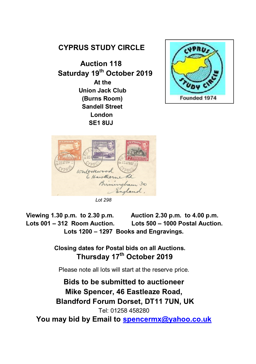 CYPRUS STUDY CIRCLE Auction 118 Saturday 19Th October 2019