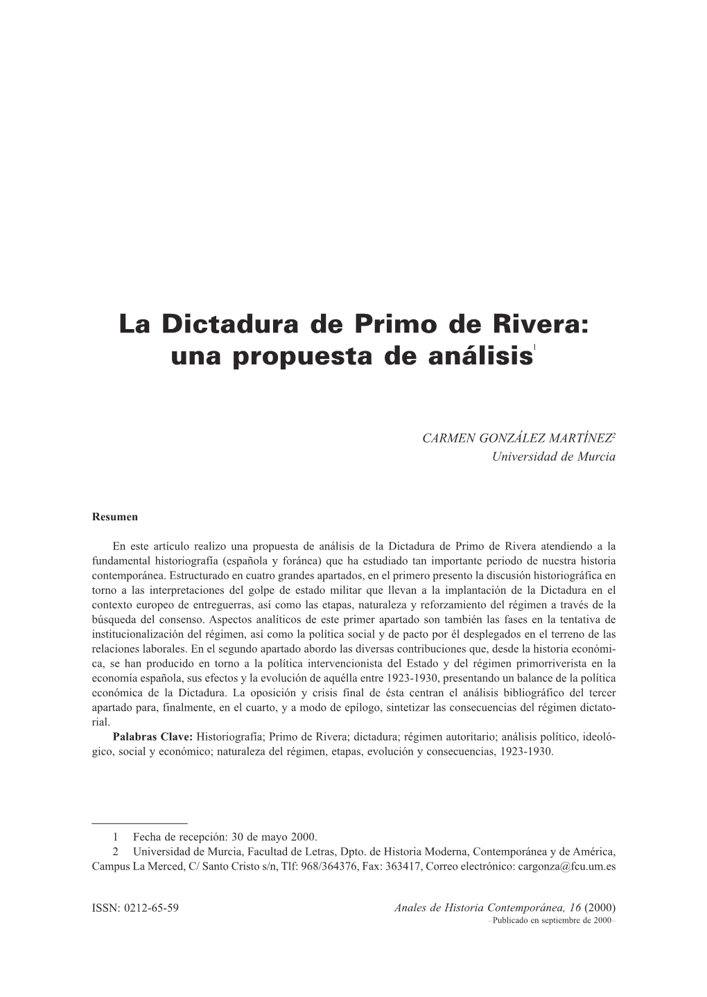 La Dictadura De Primo De Rivera: Una Propuesta De Análisis1