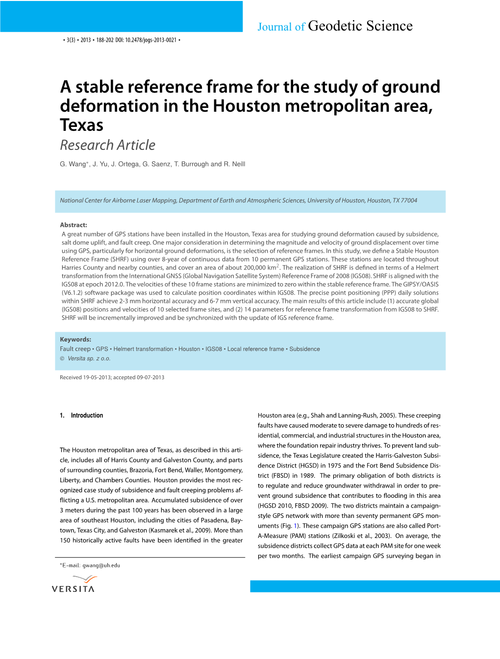 A Stable Reference Frame for the Study of Ground Deformation in the Houston Metropolitan Area, Texas Research Article