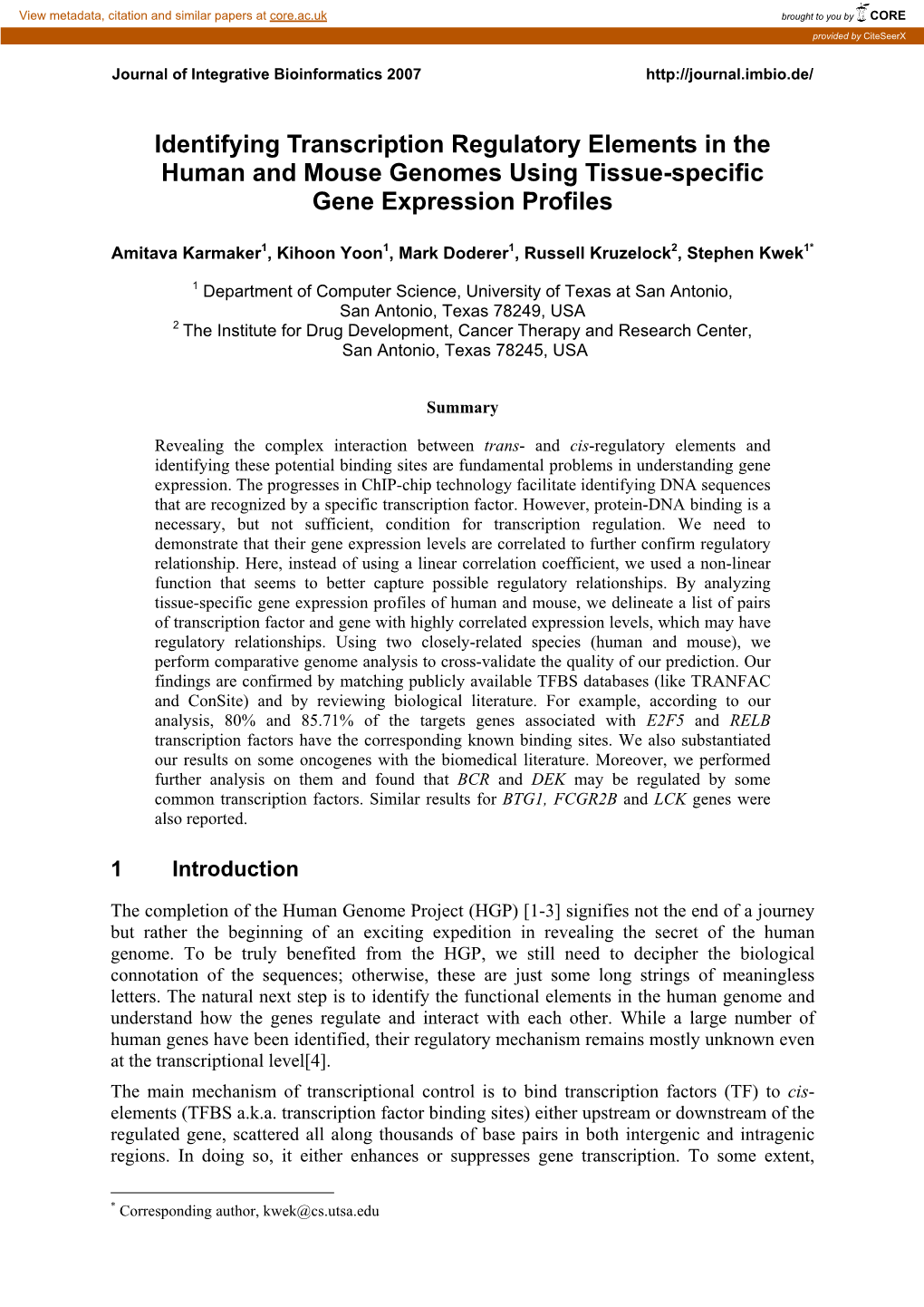 Identifying Transcription Regulatory Elements in the Human and Mouse Genomes Using Tissue-Specific Gene Expression Profiles