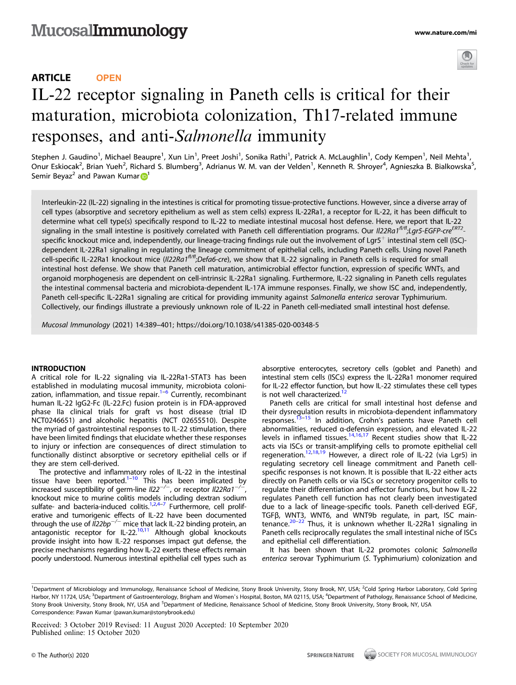 IL-22 Receptor Signaling in Paneth Cells Is Critical for Their Maturation, Microbiota Colonization, Th17-Related Immune Responses, and Anti-Salmonella Immunity