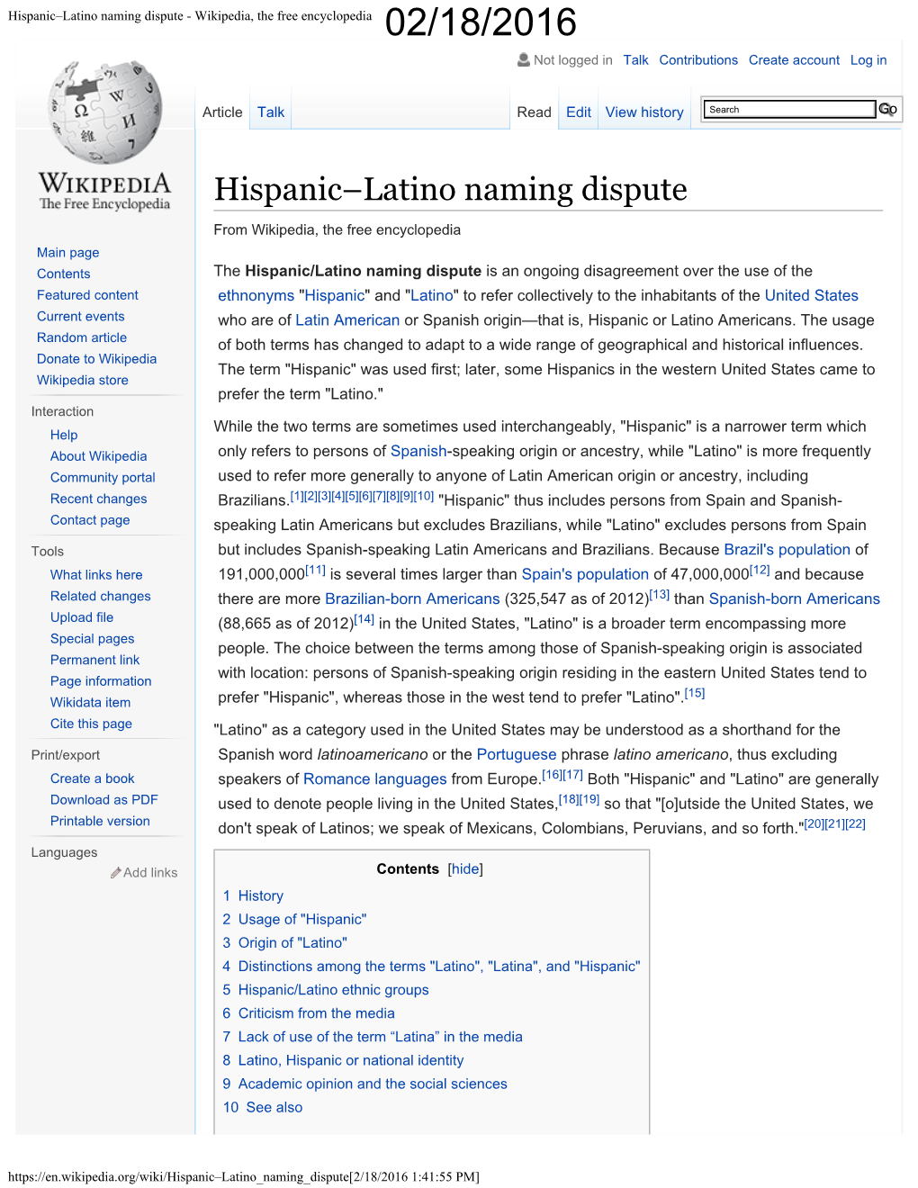 Hispanic–Latino Naming Dispute - Wikipedia, the Free Encyclopedia 02/18/2016 Not Logged in Talk Contributions Create Account Log In