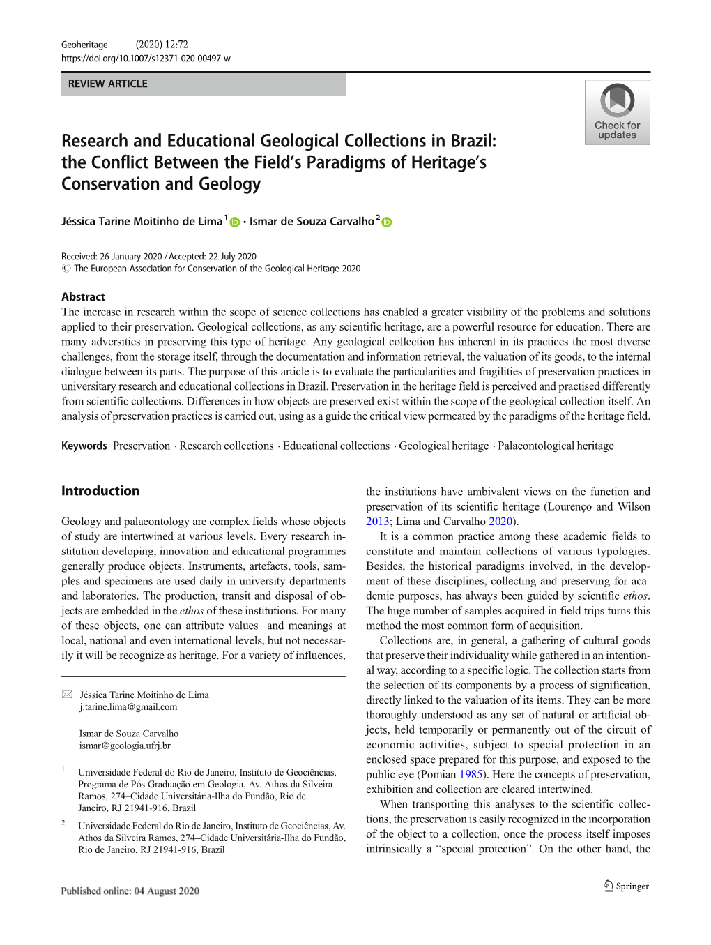 Research and Educational Geological Collections in Brazil: the Conflict Between the Field’S Paradigms of Heritage’S Conservation and Geology