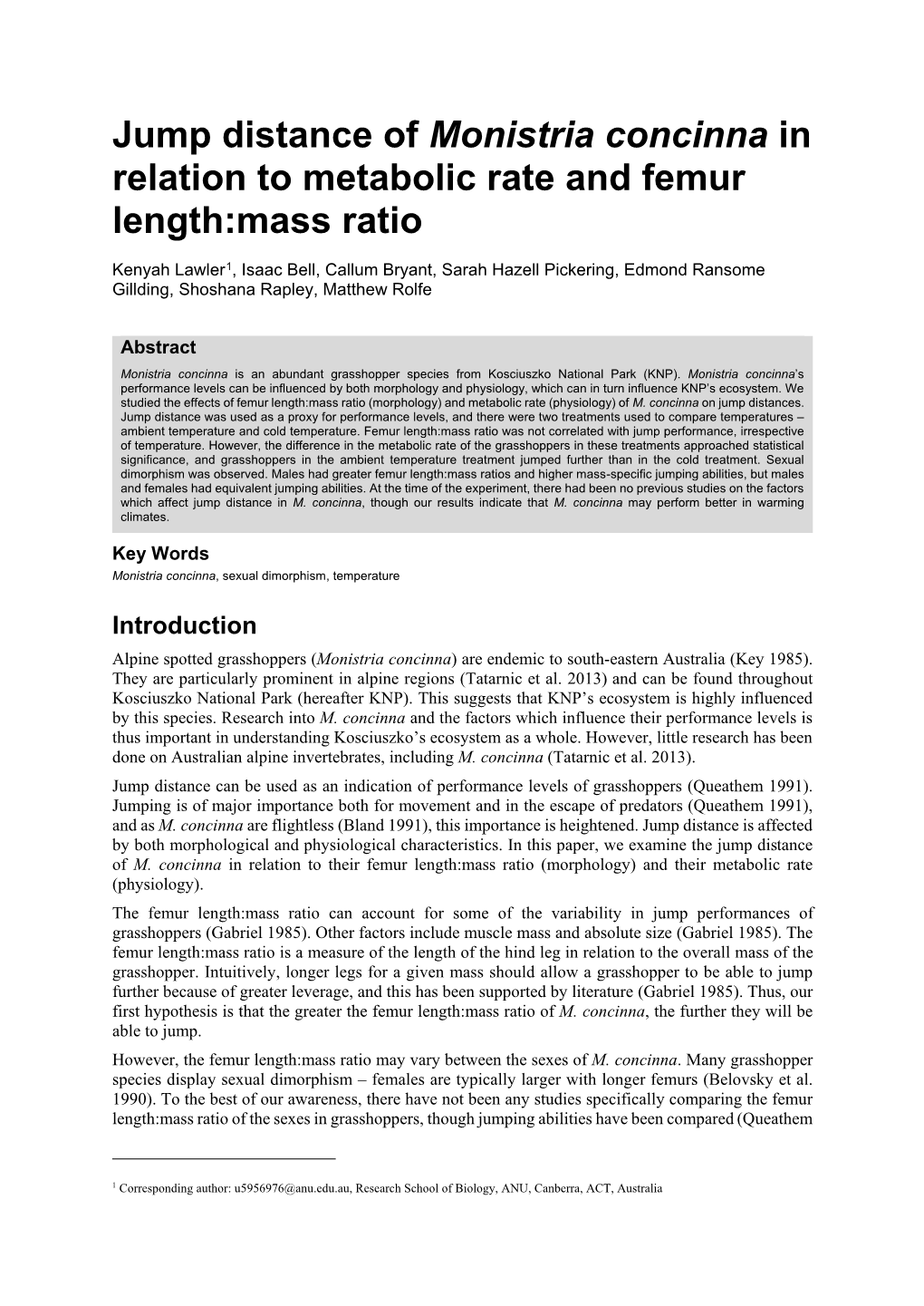 Jump Distance of Monistria Concinna in Relation to Metabolic Rate and Femur Length:Mass Ratio