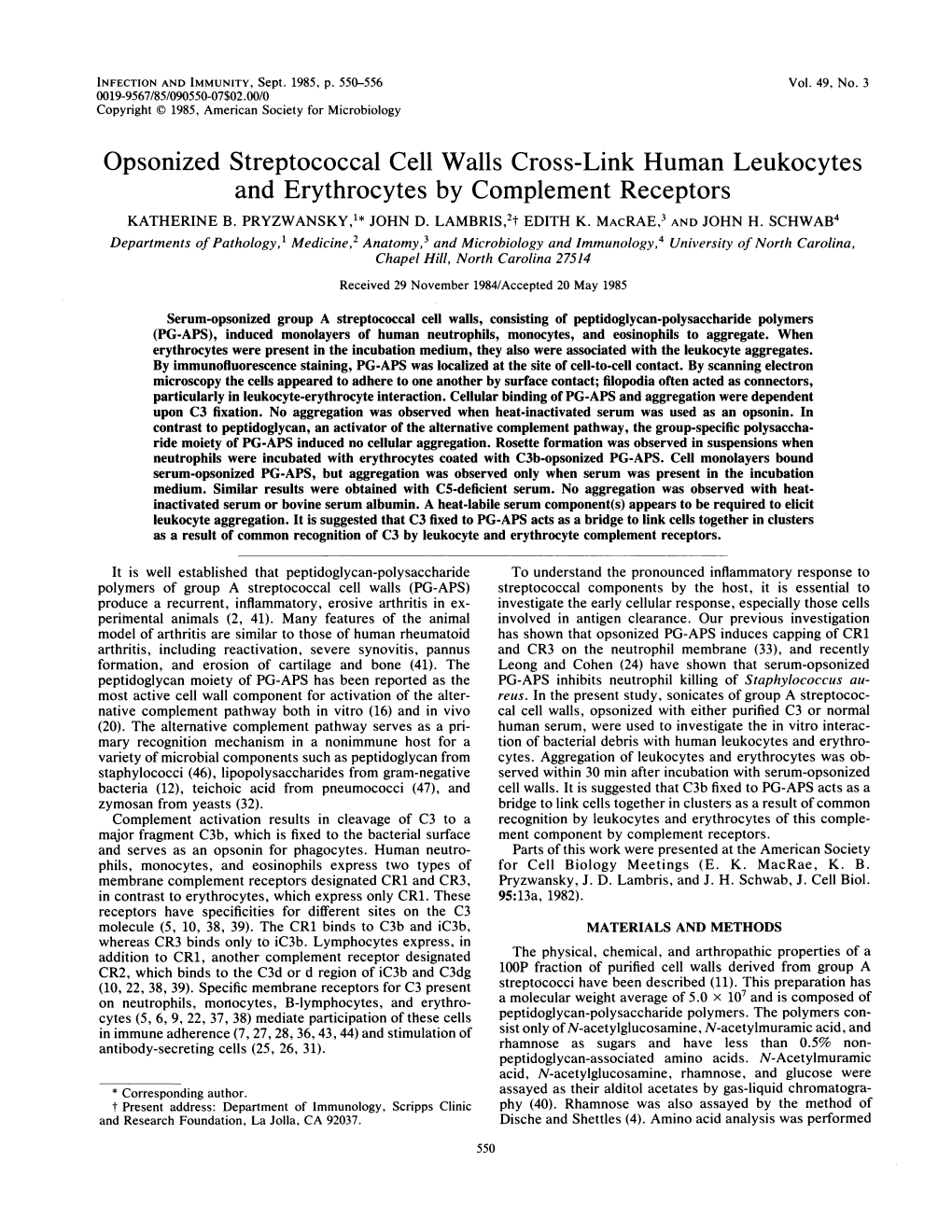 Opsonized Streptococcal Cell Walls Cross-Link Human Leukocytes and Erythrocytes by Complement Receptors