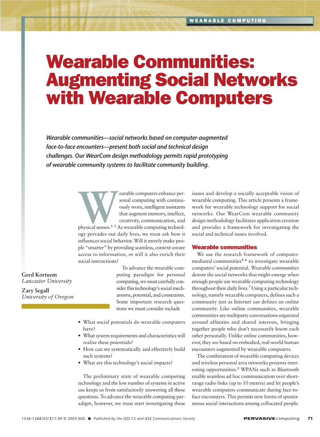 Augmenting Social Networks with Wearable Computers