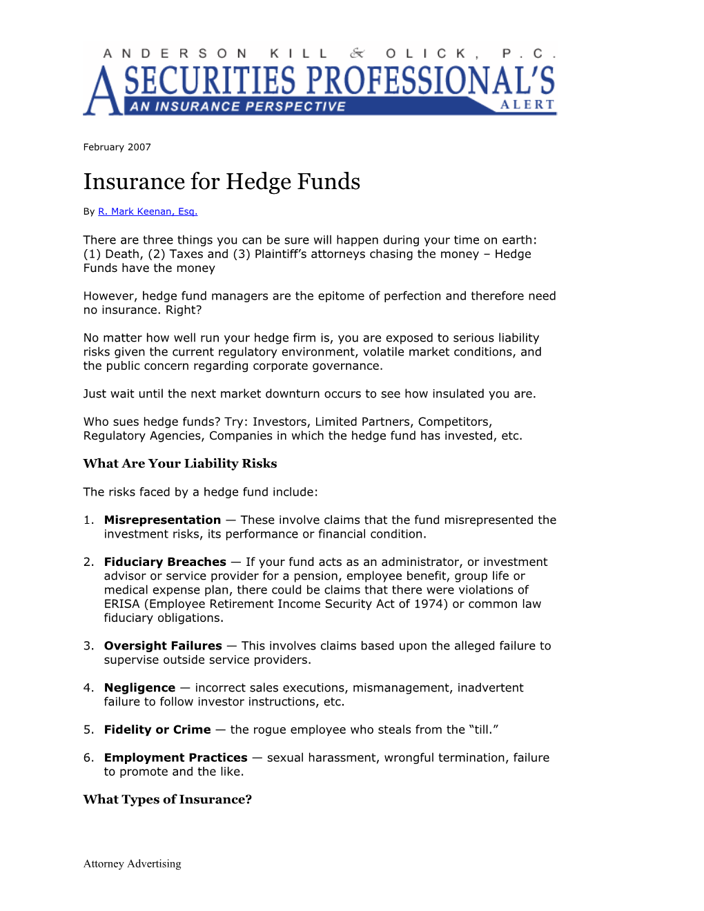 Insurance for Hedge Funds