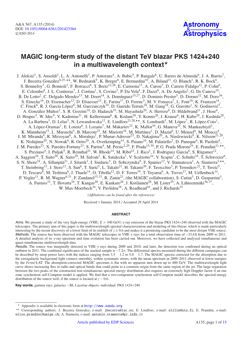 MAGIC Long-Term Study of the Distant Tev Blazar PKS 1424+240 in a Multiwavelength Context