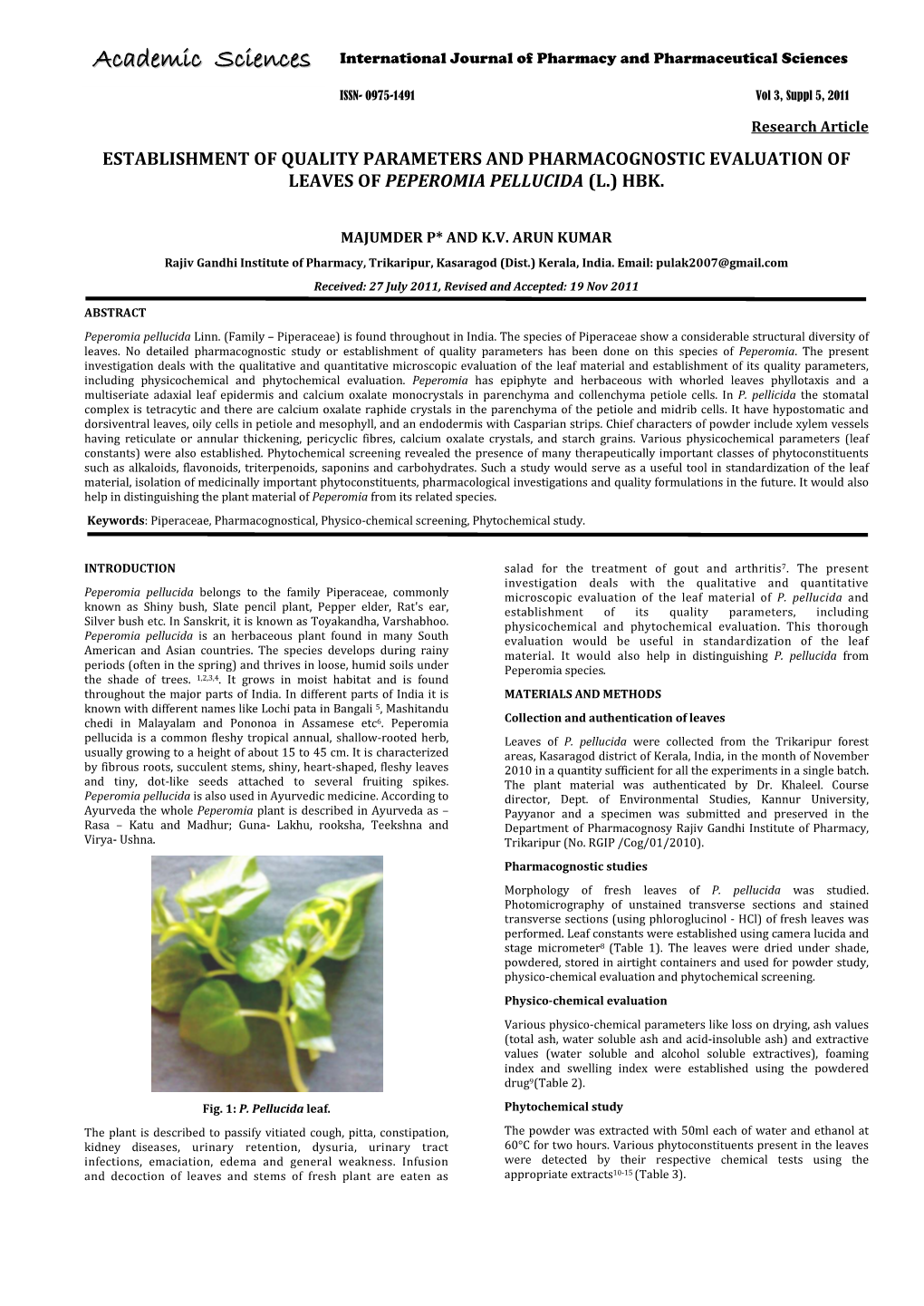 Establishment of Quality Parameters and Pharmacognostic Evaluation of Leaves of Peperomia Pellucida (L.) Hbk