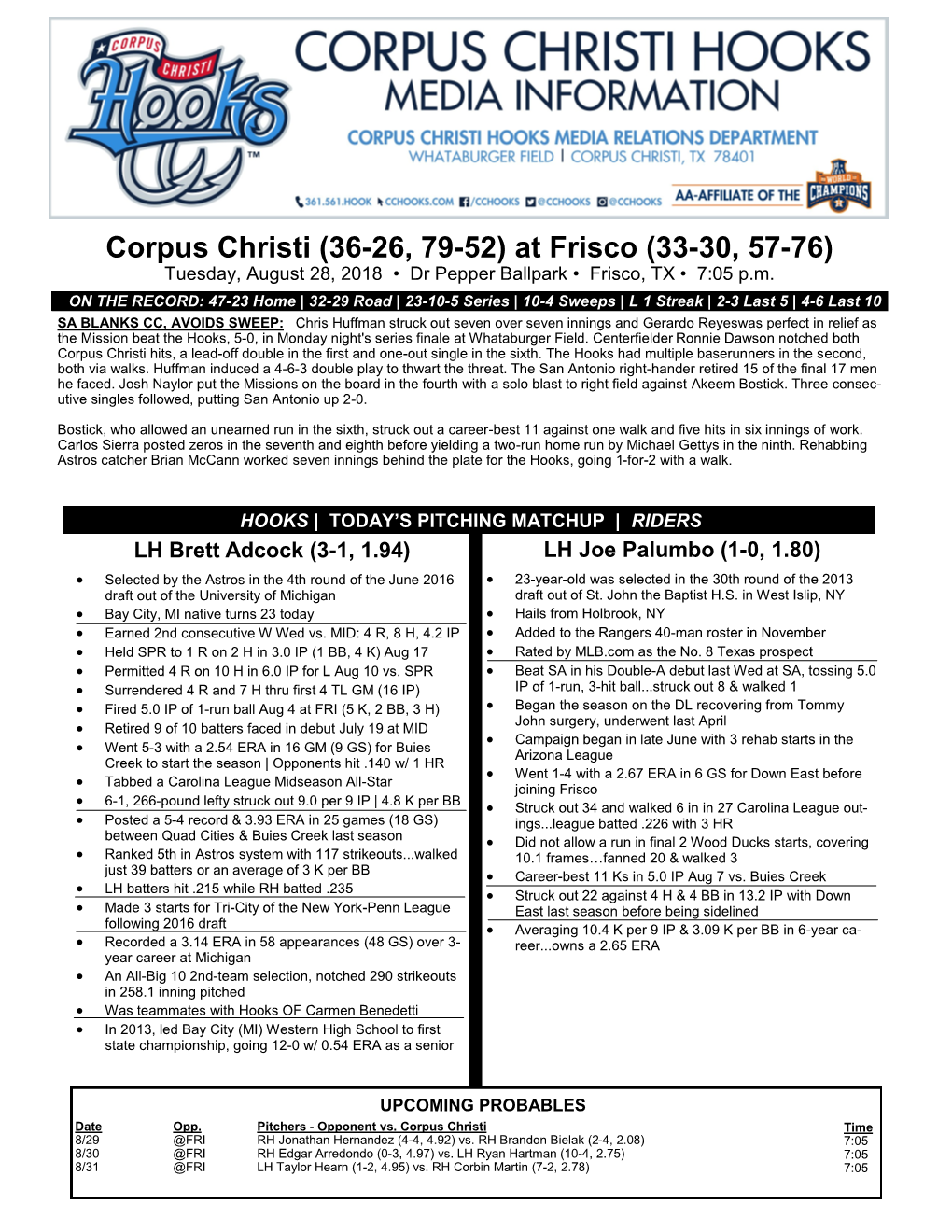 Corpus Christi (36-26, 79-52) at Frisco (33-30, 57-76) Tuesday, August 28, 2018 • Dr Pepper Ballpark • Frisco, TX • 7:05 P.M