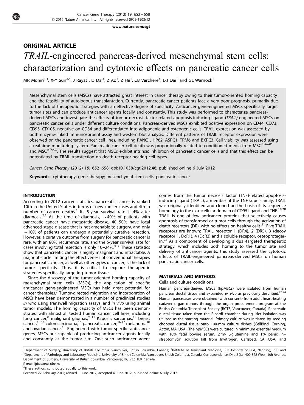 Characterization and Cytotoxic Effects on Pancreatic Cancer Cells