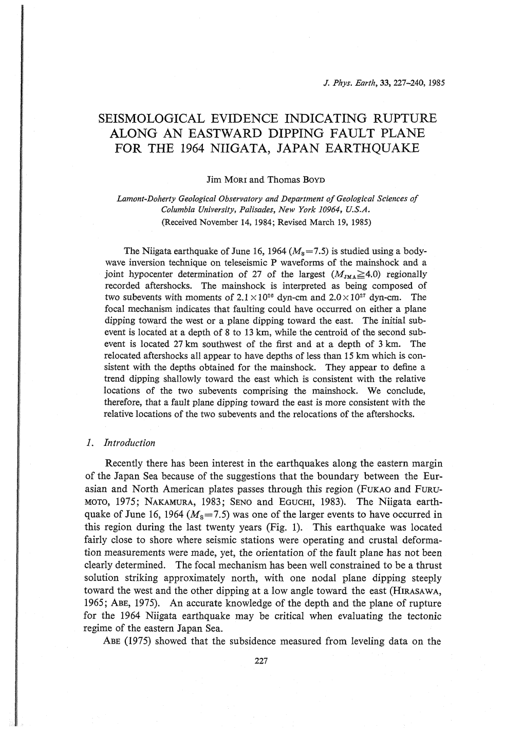 Seismological Evidence Indicating Rupture Along an Eastward Dipping Fault Plane for the 1964 Niigata, Japan Earthquake