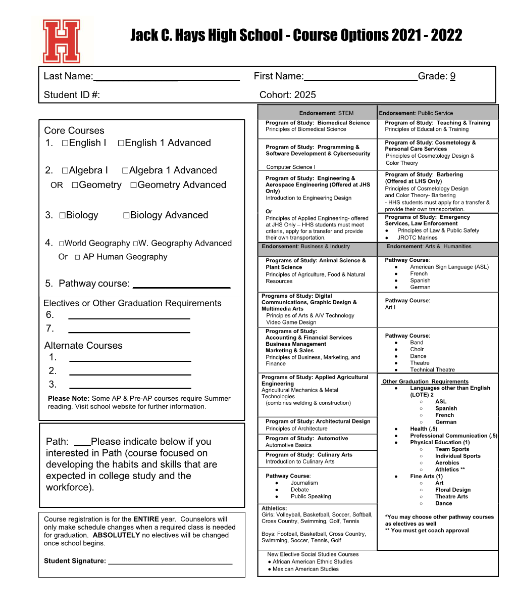 Jack C. Hays High School - Course Options 2021 - 2022