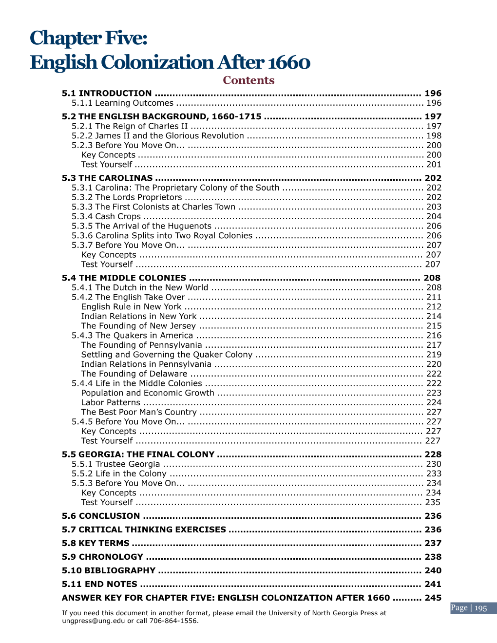 Chapter Five: English Colonization After 1660 C O Nt E Nt S 5.1 Introduction