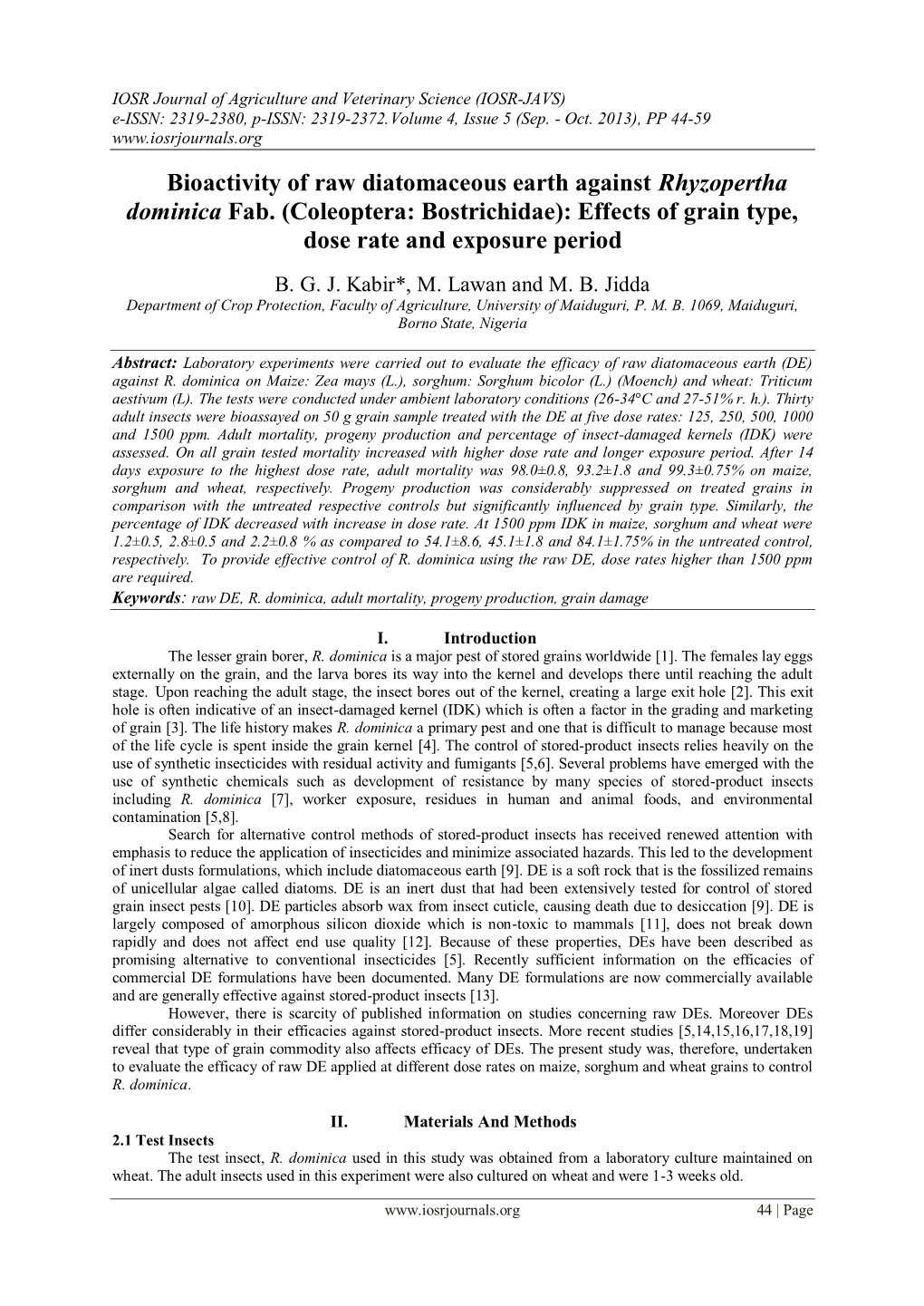 Bioactivity of Raw Diatomaceous Earth Against Rhyzopertha Dominica Fab. (Coleoptera: Bostrichidae): Effects of Grain Type, Dose Rate and Exposure Period