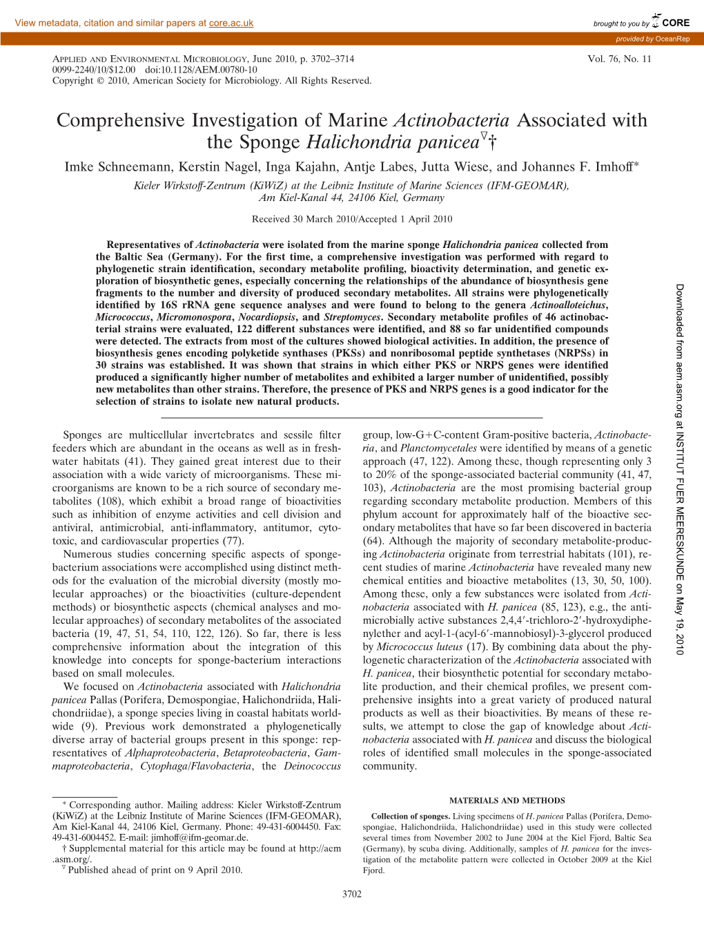 Comprehensive Investigation of Marine Actinobacteria Associated