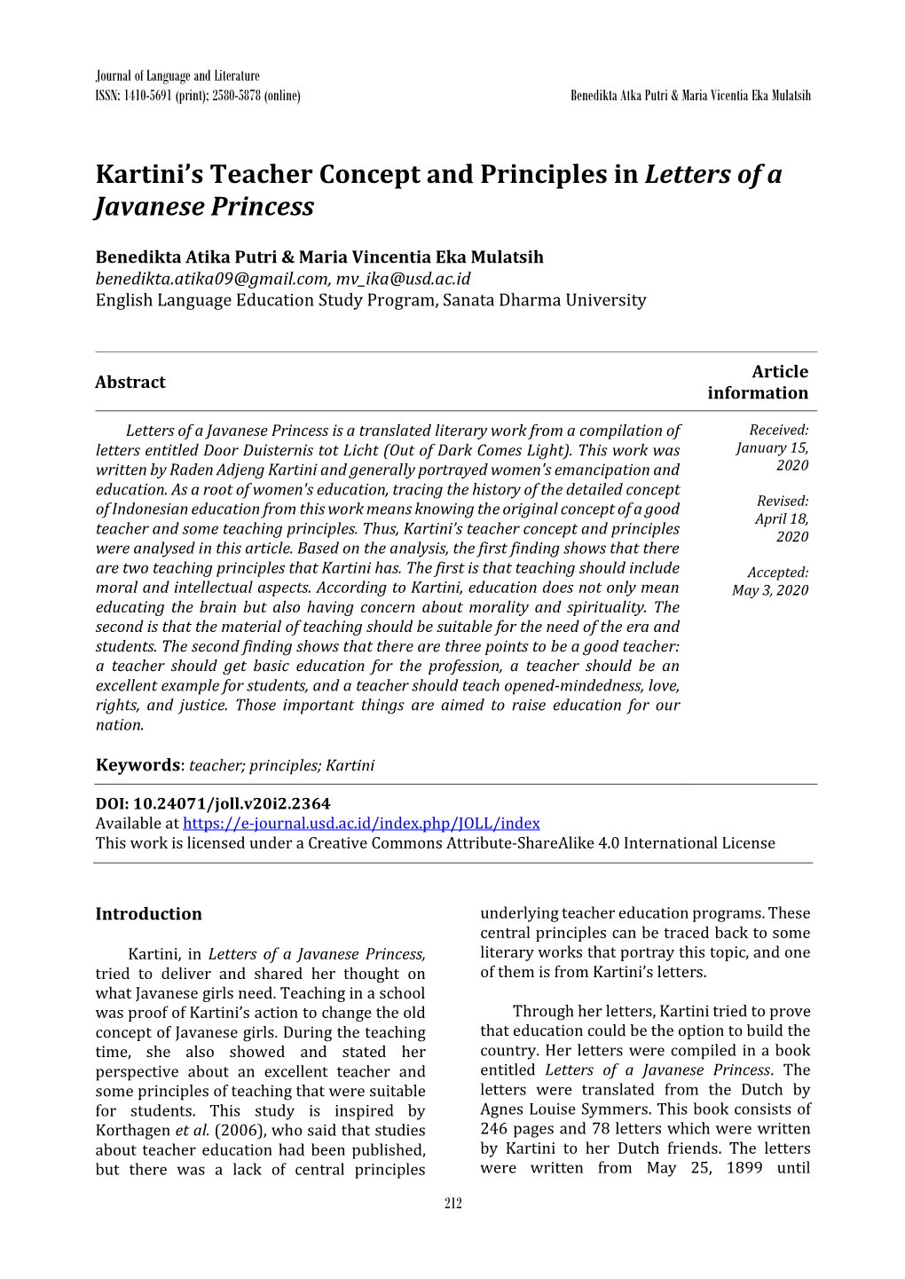 Kartini's Teacher Concept and Principles in Letters of a Javanese