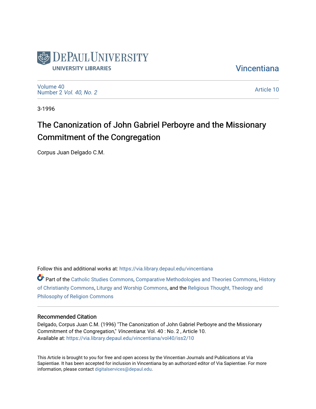 The Canonization of John Gabriel Perboyre and the Missionary Commitment of the Congregation