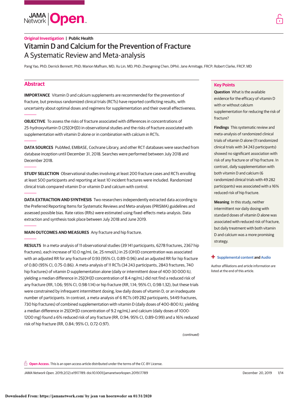 Vitamin D and Calcium for the Prevention of Fracture a Systematic Review and Meta-Analysis