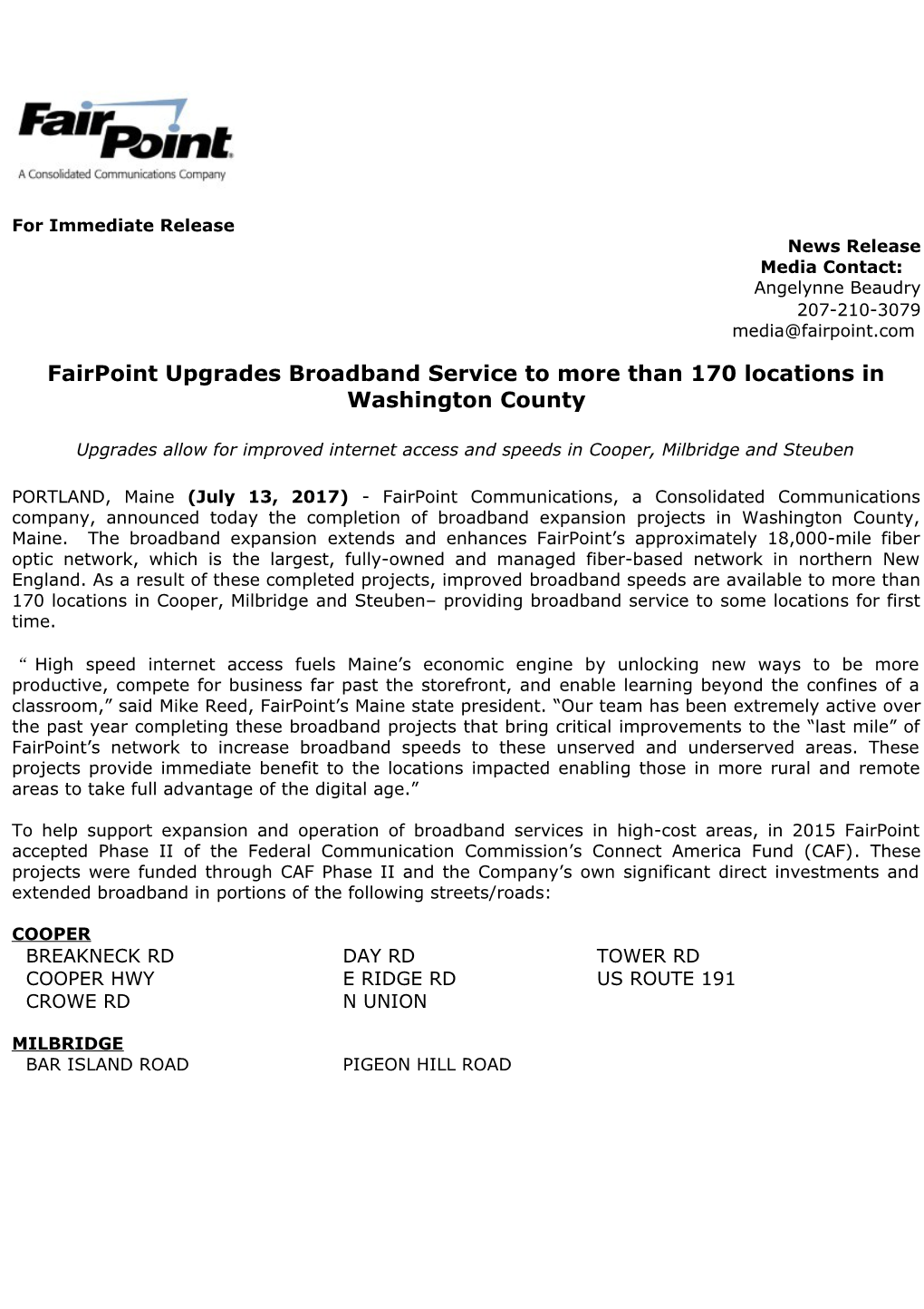 Fairpoint Upgrades Broadband Service to More Than 170 Locations in Washington County