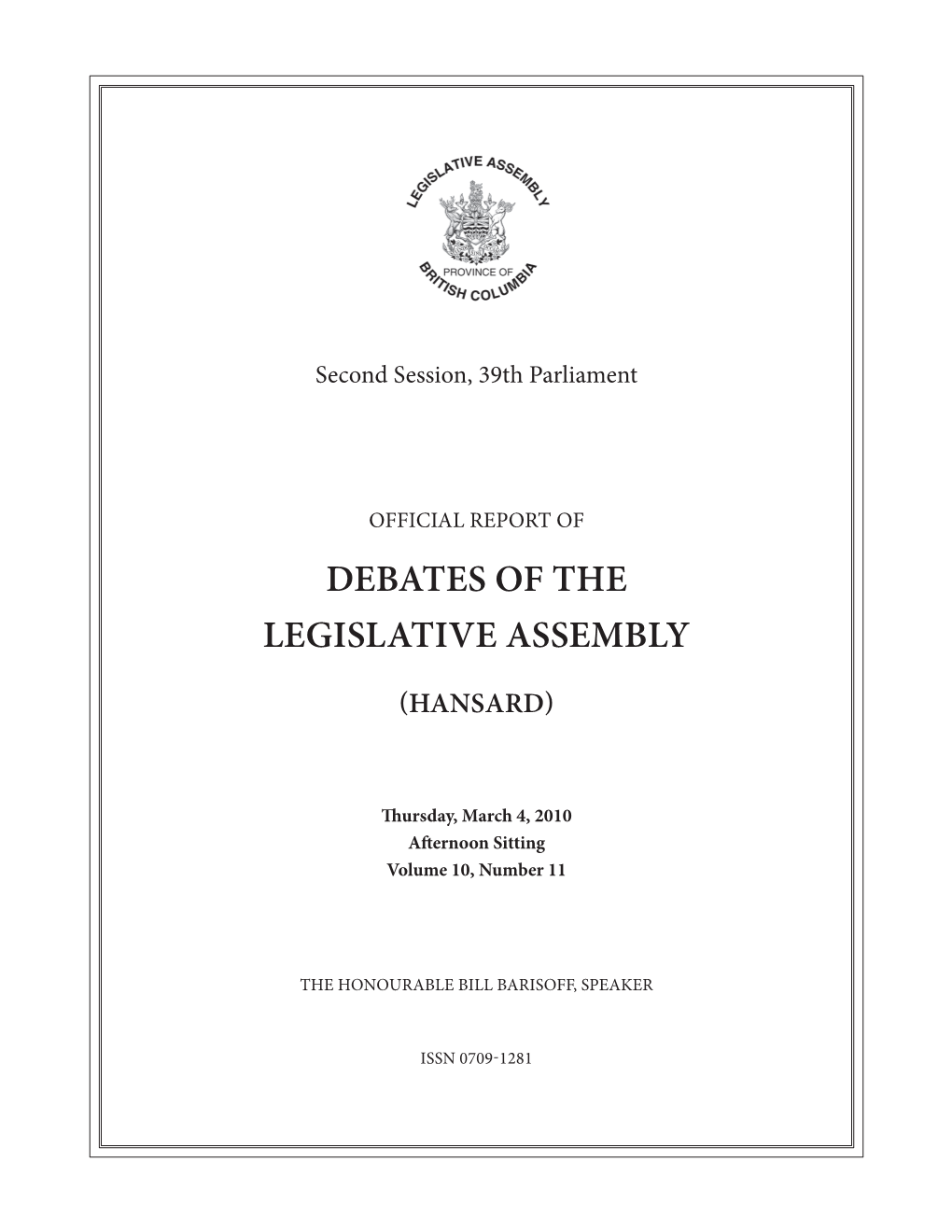 Debates of the Legislative Assembly