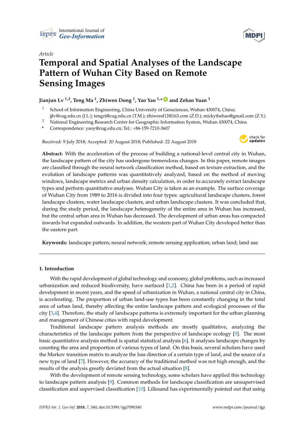 Temporal and Spatial Analyses of the Landscape Pattern of Wuhan City Based on Remote Sensing Images