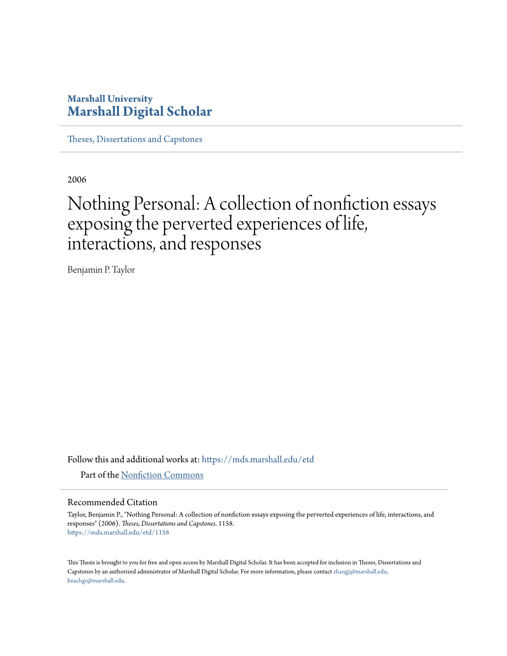 A Collection of Nonfiction Essays Exposing the Perverted Experiences of Life, Interactions, and Responses Benjamin P