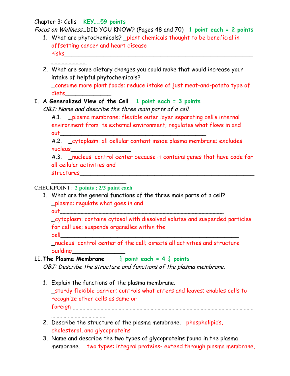 Chapter 3: Cells KEY .59 Points