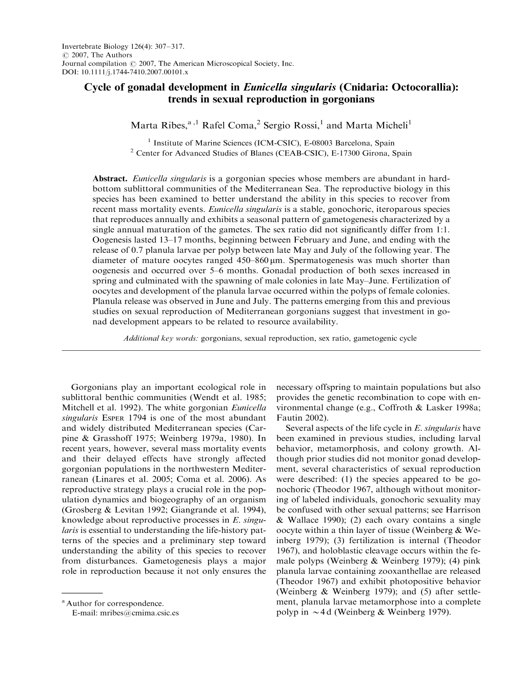 Cycle of Gonadal Development in Eunicella Singularis (Cnidaria: Octocorallia): Trends in Sexual Reproduction in Gorgonians