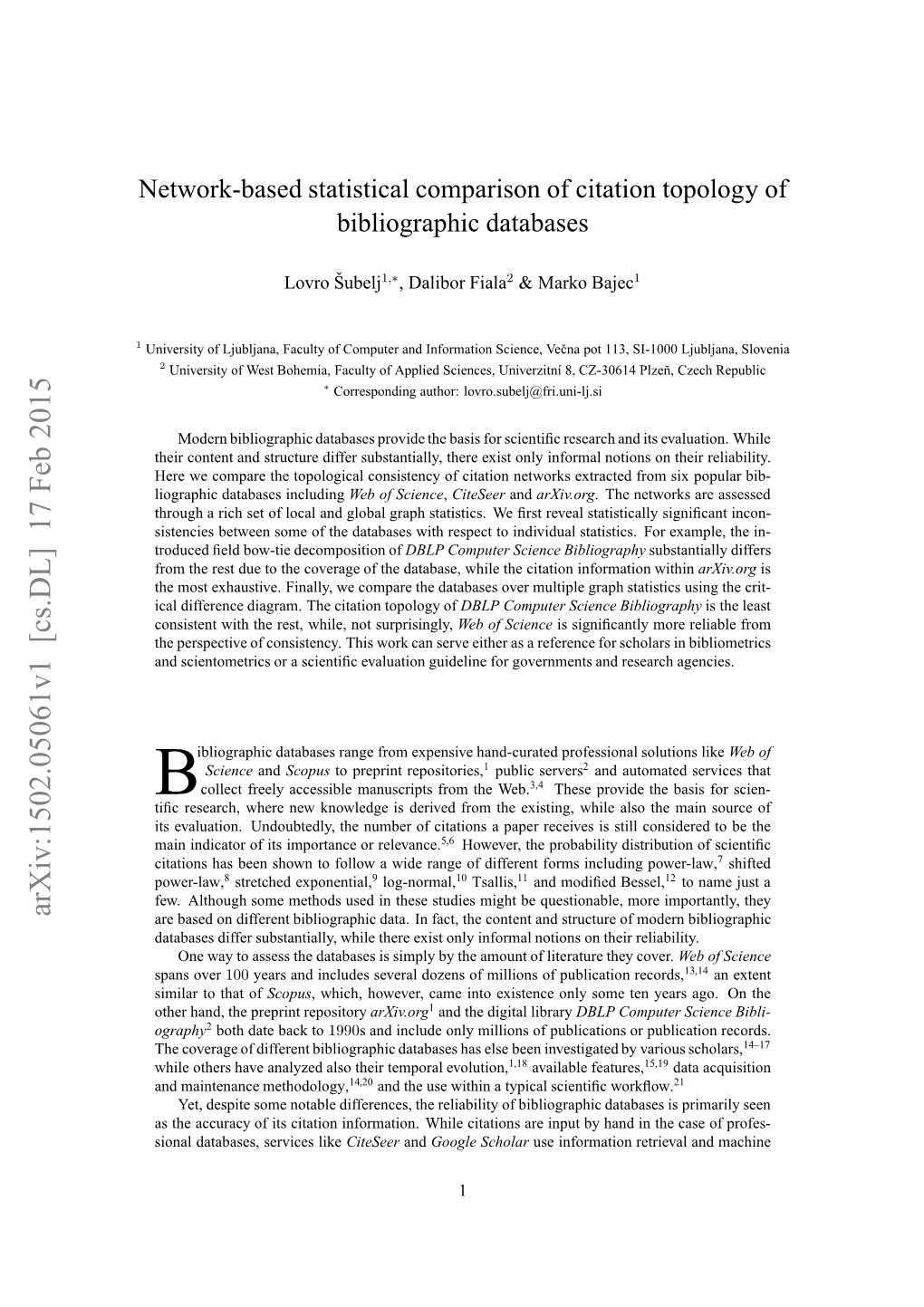 Network-Based Statistical Comparison of Citation Topology of Bibliographic