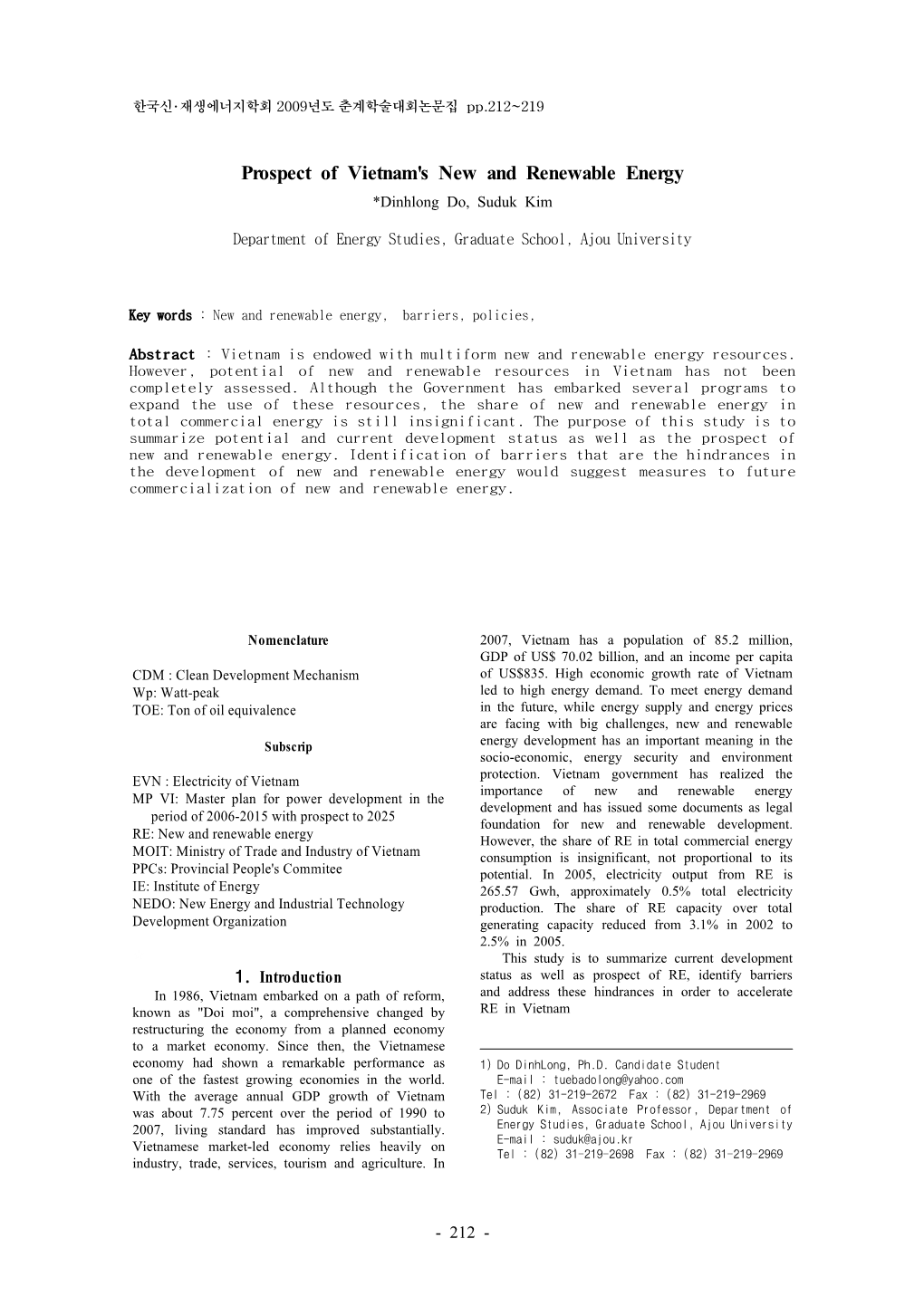 Prospect of Vietnam's New and Renewable Energy *Dinhlong Do, Suduk Kim