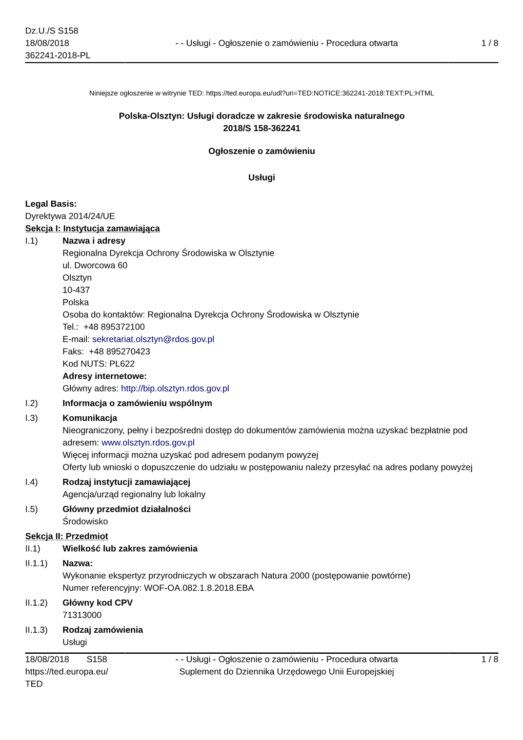 Ogłoszenie O Zamówieniu - Procedura Otwarta 1 / 8 362241-2018-PL