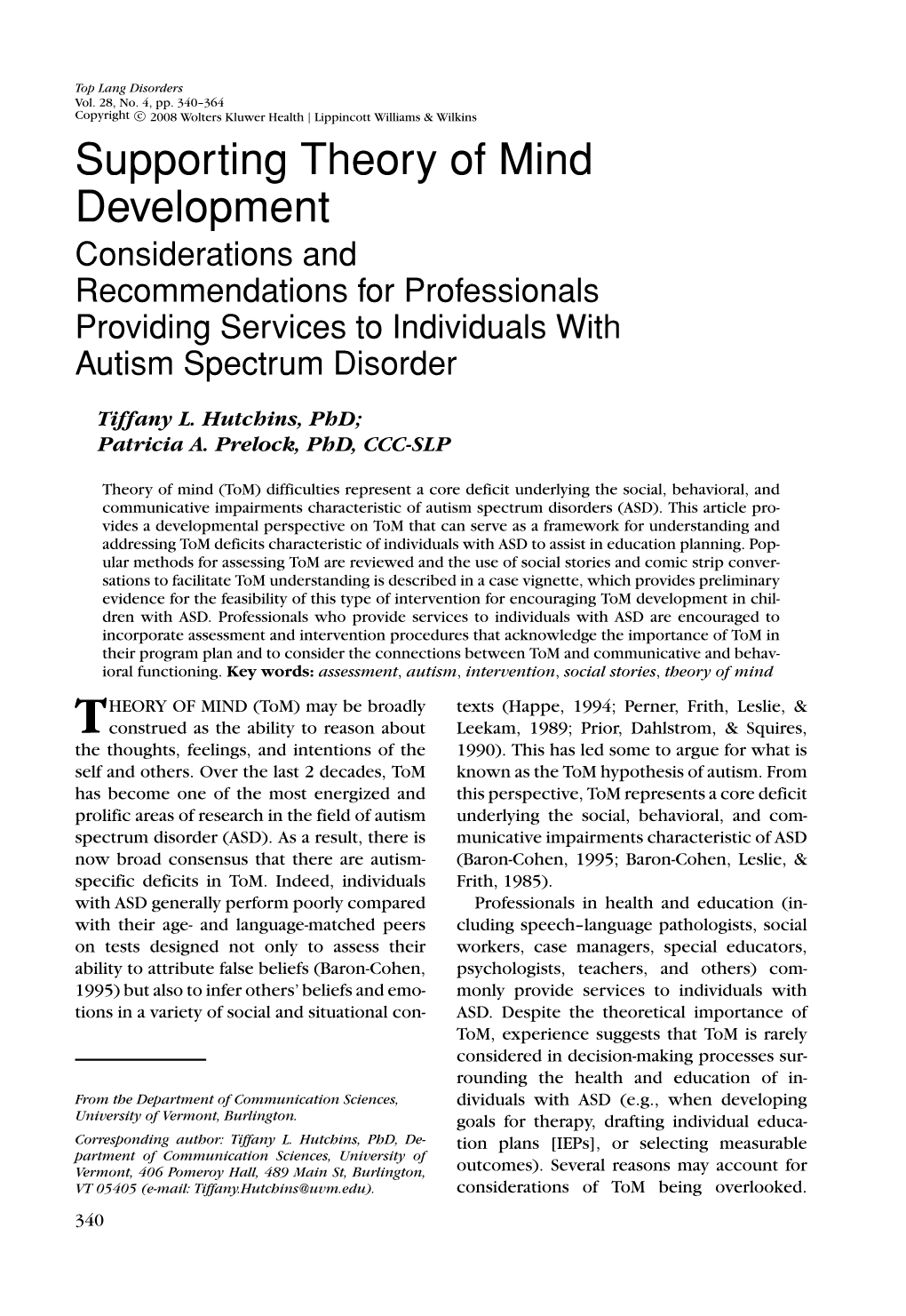 Supporting Theory of Mind Development Considerations and Recommendations for Professionals Providing Services to Individuals with Autism Spectrum Disorder