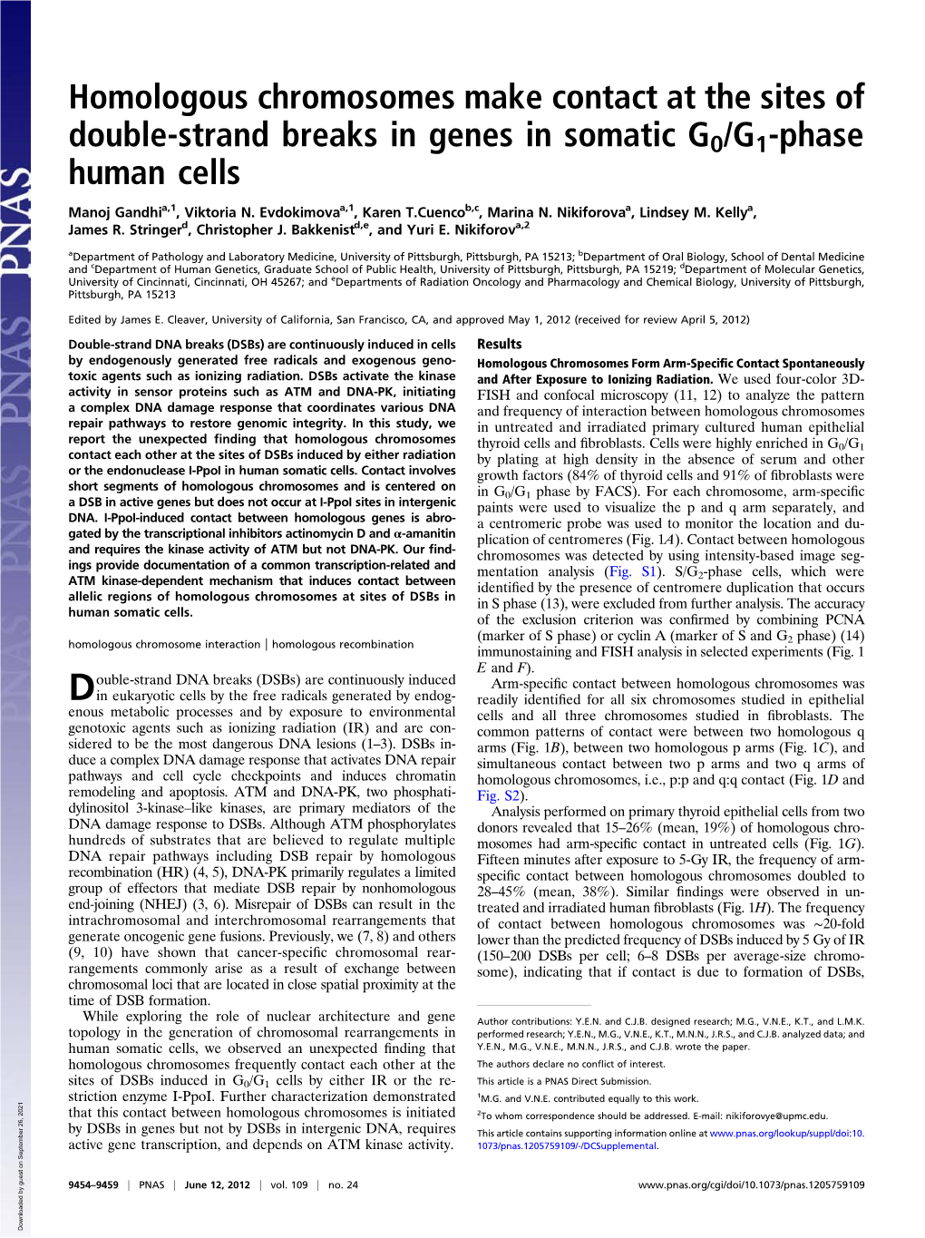 Homologous Chromosomes Make Contact at the Sites of Double-Strand Breaks in Genes in Somatic G0/G1-Phase Human Cells