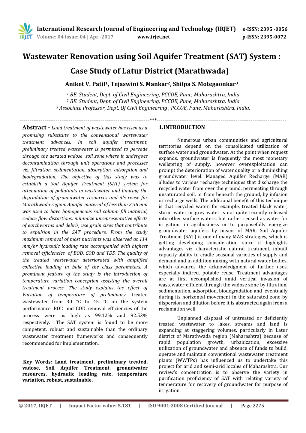 Wastewater Renovation Using Soil Aquifer Treatment (SAT) System : Case Study of Latur District (Marathwada) Aniket V