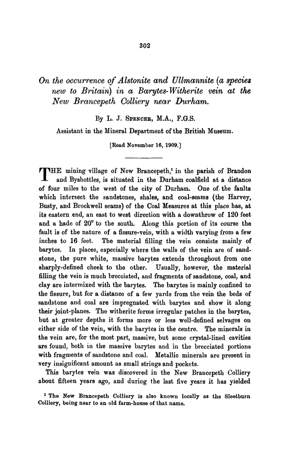 On the Occurrence of Alstonite and Ullmannite (A Species New to Britain) in a Barytes-Witherite Vein at the New Brancepeth Colliery Near Durham