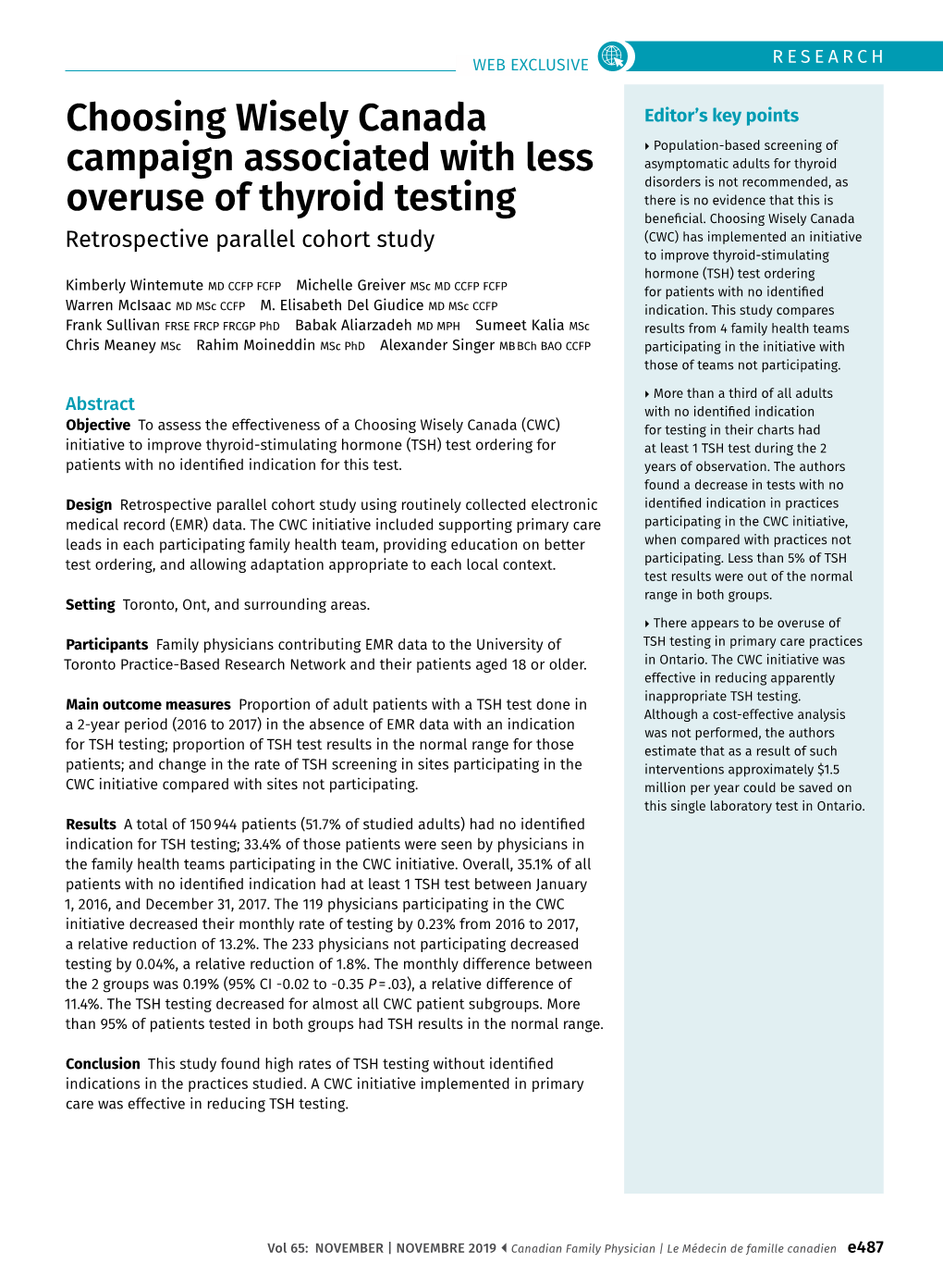 Choosing Wisely Canada Campaign Associated with Less Overuse of Thyroid Testing RESEARCH