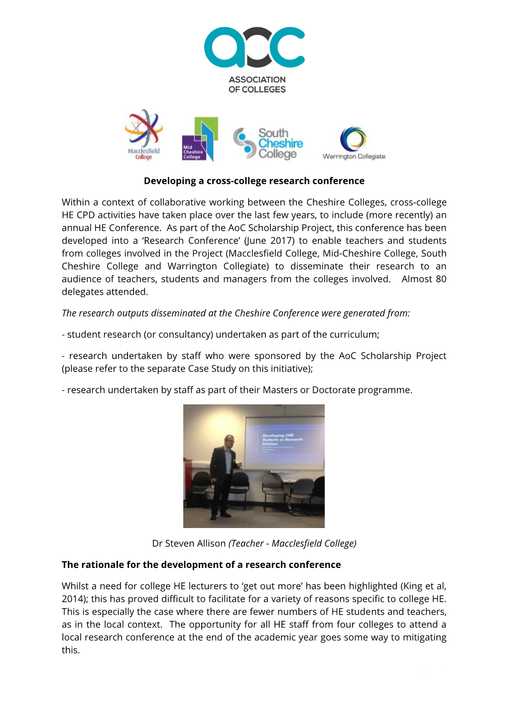 Developing a Cross-College Research Conference Within a Context of Collaborative Working Between the Cheshire Colleges, Cross-Co