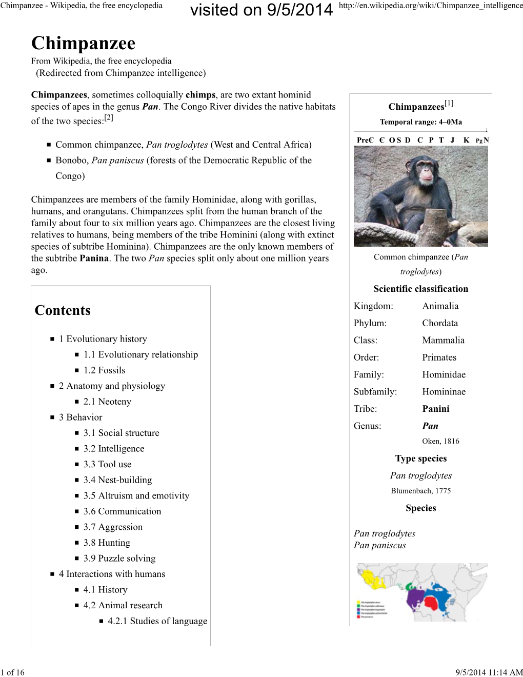 Chimpanzee - Wikipedia, the Free Encyclopedia Visited on 9/5/2014