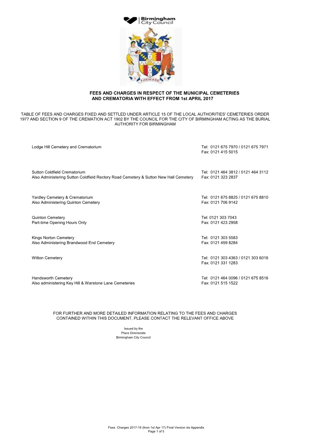 FEES and CHARGES in RESPECT of the MUNICIPAL CEMETERIES and CREMATORIA with EFFECT from 1St APRIL 2017